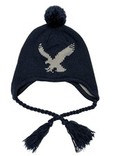 American Eagle Outfitters Knit Beanie Navy Hat Ear Flaps Braided Tassels