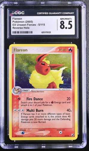 CGC 8.5 Flareon 5/115 EX Unseen Forces Reverse Holo Stamped Pokemon Card