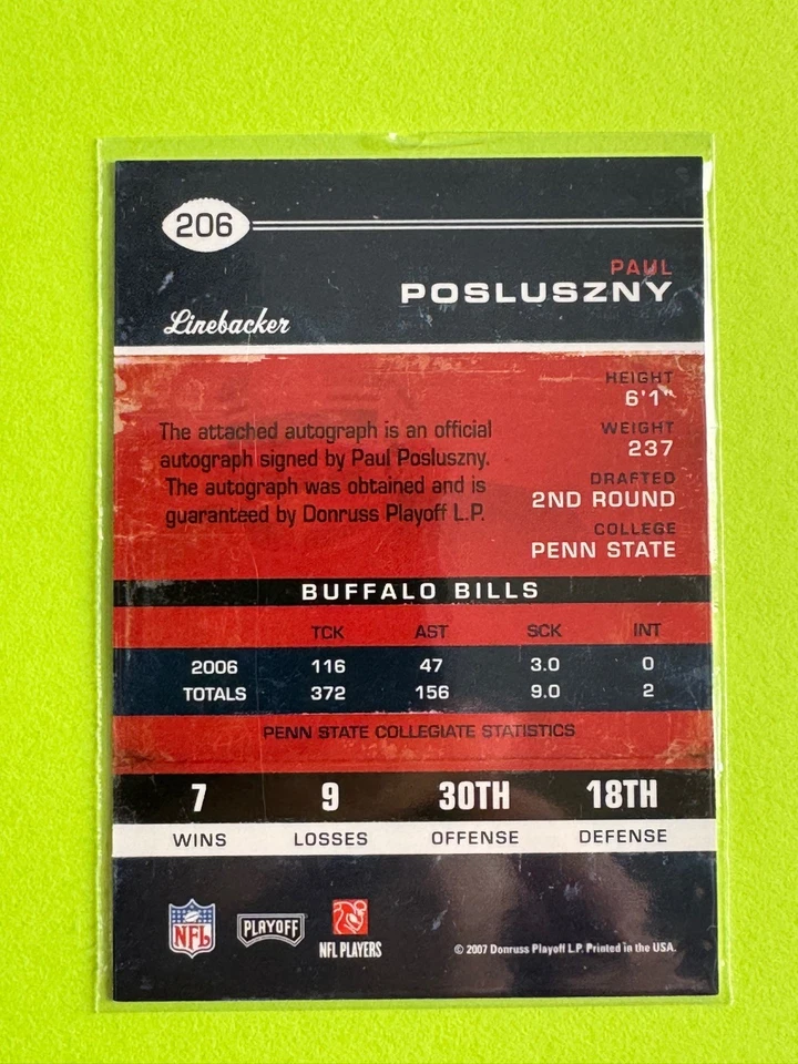 Paul Posluszny 2007 Playoff Contenders #206 Rc Auto Rookie Autograph - Image 2 of 2