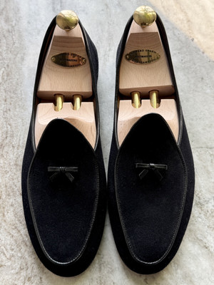 BELGIAN SHOES HENRI BLACK SUEDE SLIPPERS BOW TIE 12  display picture 2
