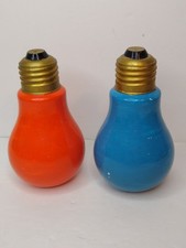 VTG Blue & Orange Ceramic Lightbulb Salt & Pepper Shakers Japan MCM Used