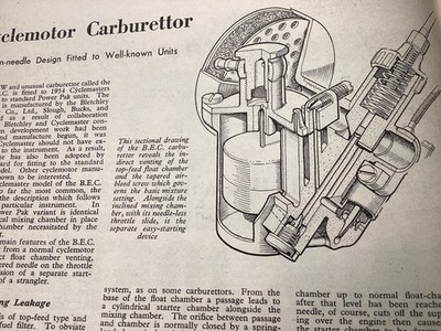 CYCLEMOTOR B.E.C. BLETCHLEY ENGINEERING VERGASER MOTORRAD ARTIKEL 1954