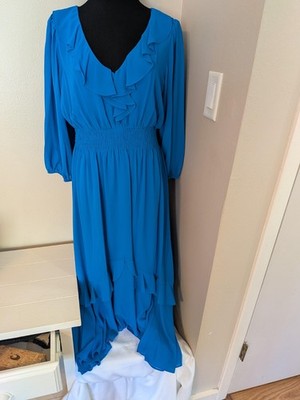 Maison Tara Blue Ruffled Lined Cascading Front Maxi Dress w/Elastic Waist 12 NEW