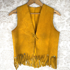 VTG 70s Suede Leather Fringe Vest Gold Yellow Hippie Boho Western Cowboy Small