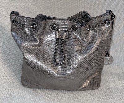 MICHAEL KORS Reptile Embossed Silver Metallic Leather Drawstring Purse Bag-NICE