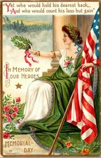 Memorial Day Postcard Lady with Flag Wreath Roses Intl Art Publ Co Germany