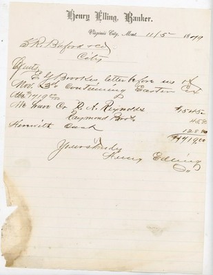 1879 Henry Elling Banker Virginia City Montana ALS Letterhead Raymond Bros