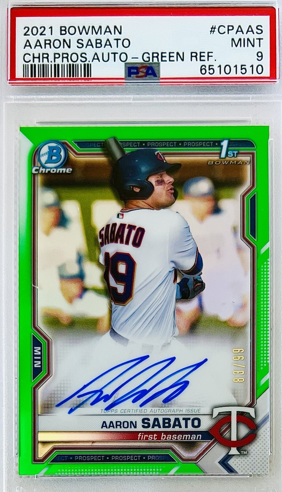 2021 Bowman Chrome Aaron Sabato 1st Bowman Green Refractor Auto #/99 PSA 9 💎