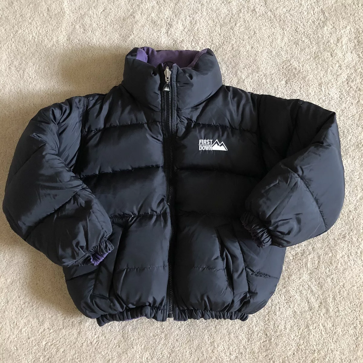 First Down Youth Kids Reversible Down Puffer Coat Black Purple Small