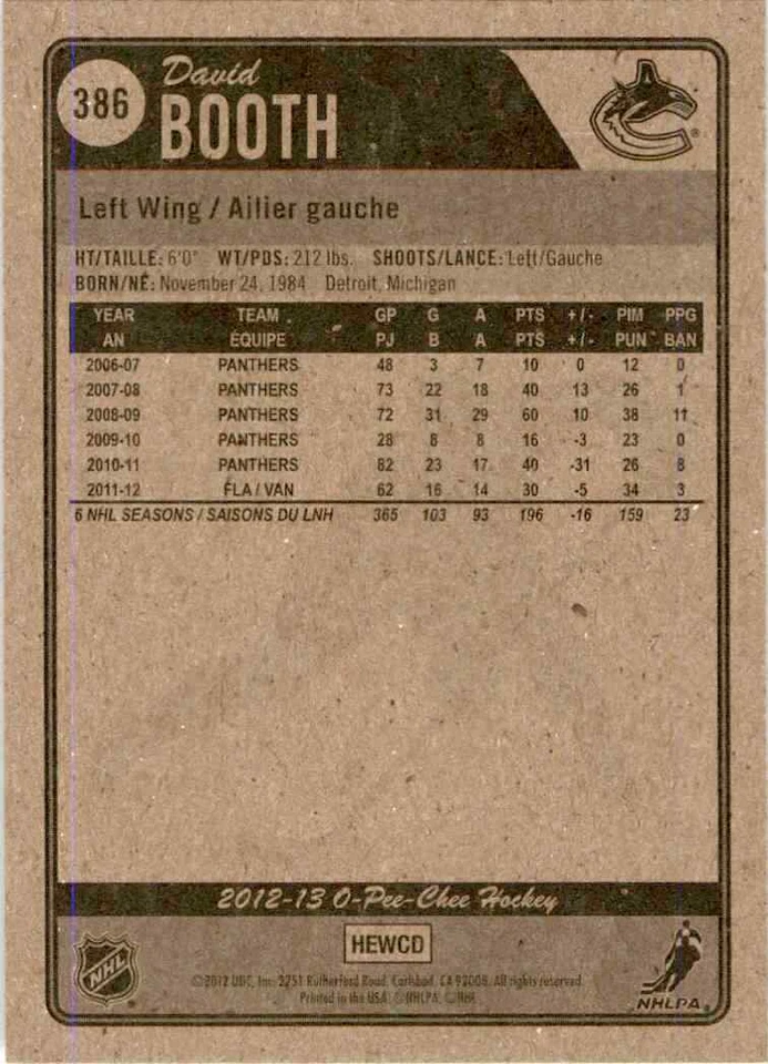 2012-13 O-Pee-Chee David Booth #386 - Image 2 of 2