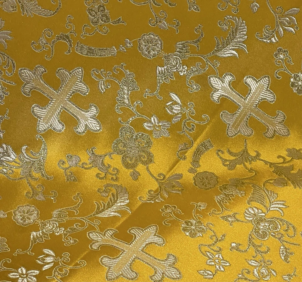"Tela brocada cruz iglesia oro amarillo blanco metálico 60"" ancho vendida por patio" Foto 4 de 4
