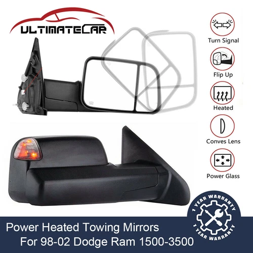 Pair Power Heated LED Signal Lights Towing Mirrors For 1998-2002 Dodge Ram