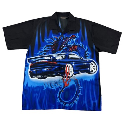 Odo Shirt Mens Dragon Car Hot Rod Vintage 90s Y2K Blue Black Size