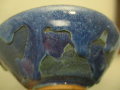 Mid Century Modern Studio Art Pottery Heavy Blue Drip Lava Glaze Bowl Signed RV?
