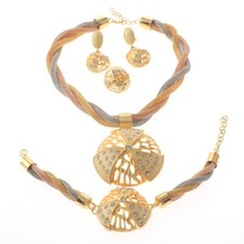 Three Tone Gold Plated Metal Necklace Bracelet Earring Set HQX455-MUL
