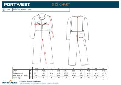 Portwest Womens Coverall Boilersuit Zip Front Ladies Mechanic