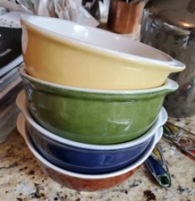4 Vintage Over And Back Stoneware YELLOW, BROWN, GREEN, BLUE Bowl Made Portugal