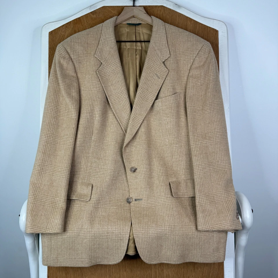Austin Reed Blazer Mens 44L Tan Glen Check 2 Button 100% Camel Hair Canvas VTG - Image 2 of 4