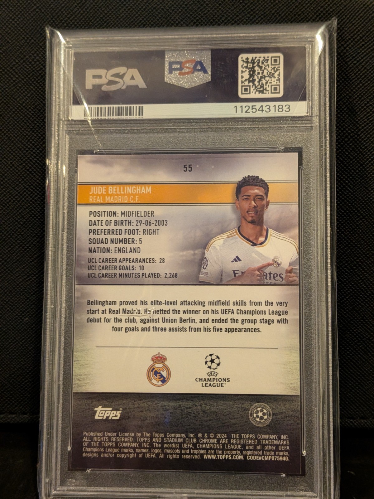 Jude Bellingham *82/150* 2023-24 Topps S.C. Chrome Green Refractor PSA 10 POP 2 view 3