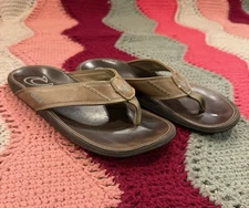 Olukai Nui Mustang Espresso Brown Leather Flip Flop Sandal Men's Size 9 EU 42
