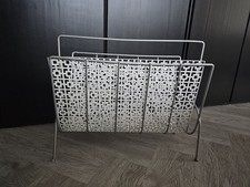 Vintage Metal White  Silver Magazine Record Rack MCM Atomic Retro 14x16"