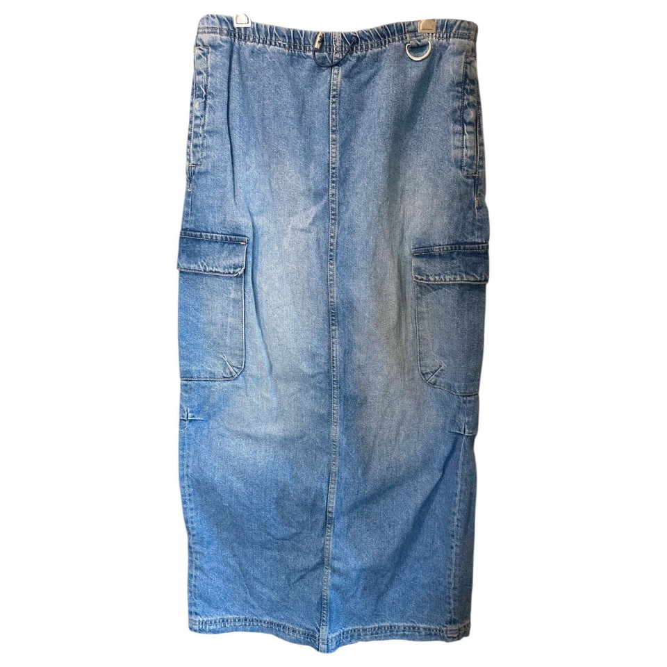 Zara Womens Elastic Waistband Midi Cargo Denim Skirt Blue Size S small