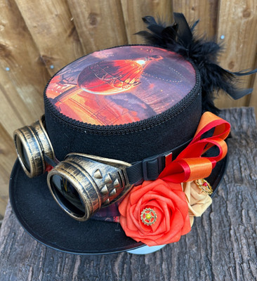 Einzigartige schwarz orange rot Steampunk Heißluftballon Zylinder Schutzbrille 57 cm (27) b