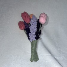 Crocheted Flower Bouquet Handmade Plush Texture 4 Tulips 3 Lavender