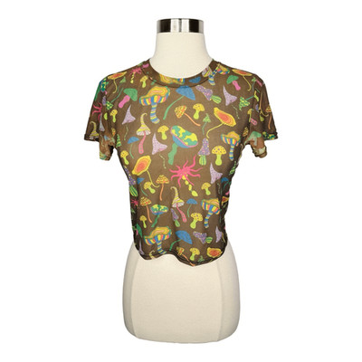 WoWo Sheer Mushroom Mesh Top Size Large Retro Stretchy Short Sleeves Punk Trippy