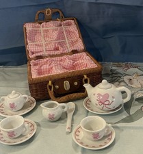 Delton Children's Tea Party Set for 2 in Picnic Wicker Basket Apples Vintage