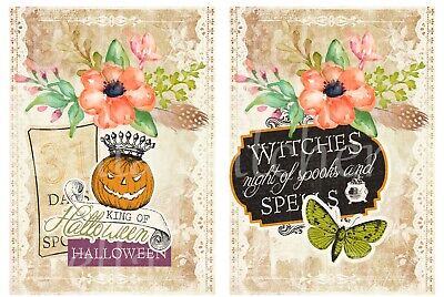 Fabric Blocks Two 5x7 Inch. Witches Tea Party. Make Cards 