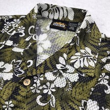 VTG ODO Hawaiian Shirt Mens L Green Floral Palm Leaves VENTED Aloha Camp Island
