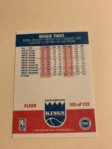 #105 Reggie Theus Sacramento kings. 1987 88 Fleer Basketball Card Cb20 - Picture 2 of 2