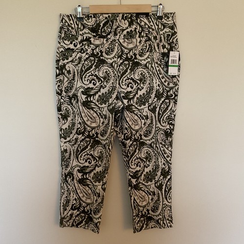 Neu mit Etikett Zoe + Phoebe Paisley Stretch Pull-On Caprihose Gr. L oliv schwarz creme Boho
