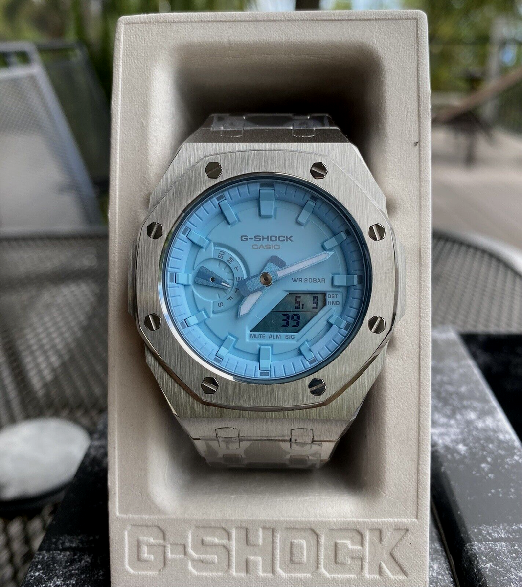 New Casio G-Shock GA2100 Custom MOD SILVER Band, Light Blue New Casio G-Shock GA2100 Custom MOD SILVER Band, Light Blue