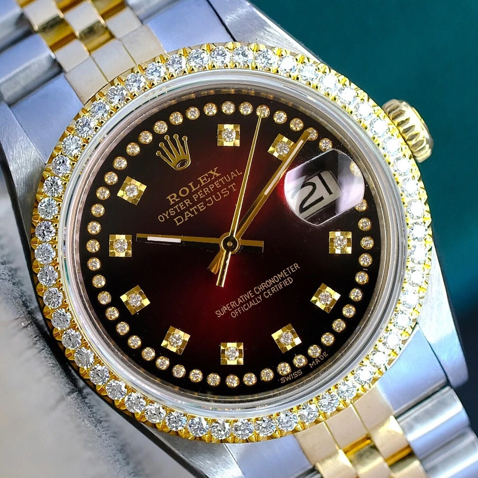 Reloj Rolex Datejust automático para hombre con esfera roja de dos tonos bisel de diamantes de 36 mm 16233