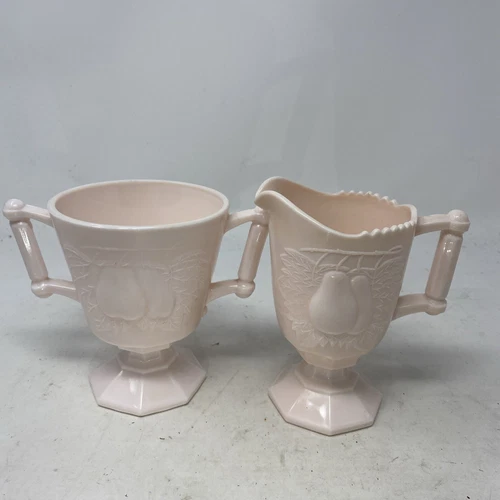 Vintage 1950s Jeanette Pink Milk Glass Creamer & Sugar Baltimore Pears Pattern