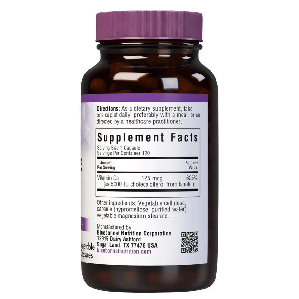 Bluebonnet Vitamina D3 125 Mcg 5000 UI 120 Cápsulas Vegetales Foto 2 de 4