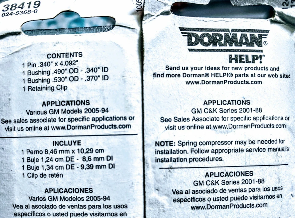 NEW Dorman HELP! #38419; #38436 Front Door Hinge Pins & Springs (Set of 6) NIB! - Image 3 of 3