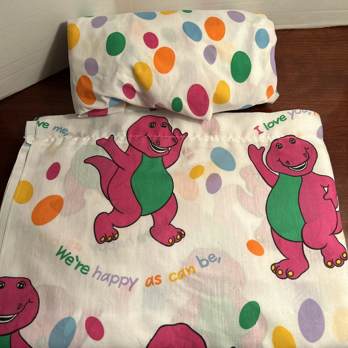 Vintage Barney Dinosaur Bed Sheets Twin Set 1 Flat 1 Fitted 1992 Clean No Stain