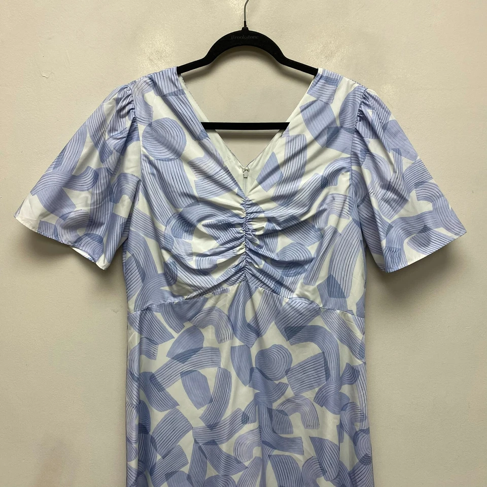 Club Monaco женщин синий печать коротким рукавом собранными в Рюш передней v-образным вырезом мини-платье 12 $229 - Изображение 2 из 4