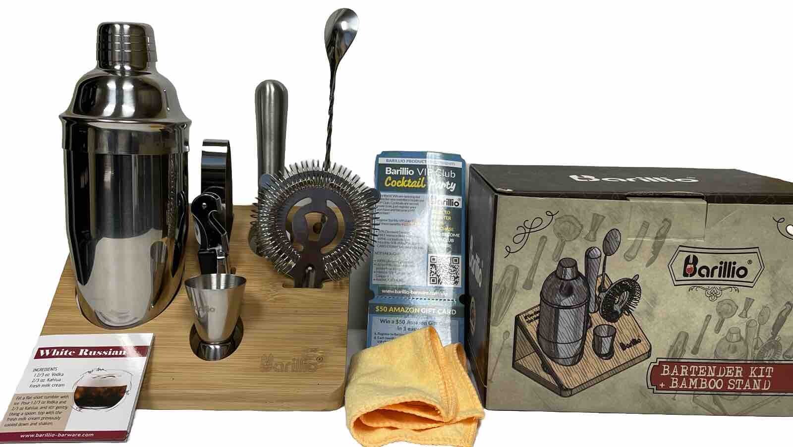 Barillio 10-Piece Mixology Bartender Kit w/ Bamboo Stand Silver Stainless Steel