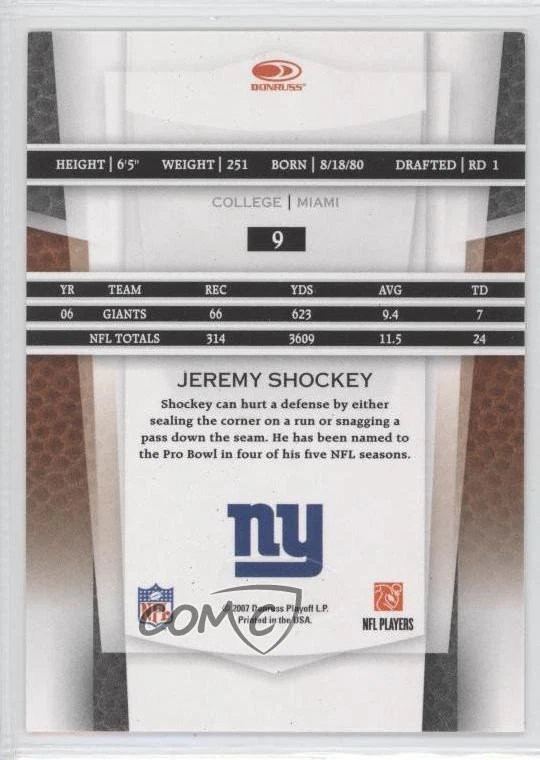 2007 Leaf Certified Materials Jeremy Shockey #9 - Image 2 of 2