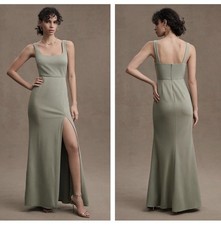 ANTHROPOLOGIE x BHLDN Ashlynn Square-Neck Crepe Side-Slit Dress Moss Sz 8 {V2}