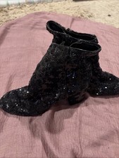 Womens Black Sequin Ankle Boots Block Heel Round Toe 6 Clubwear Casual Evening