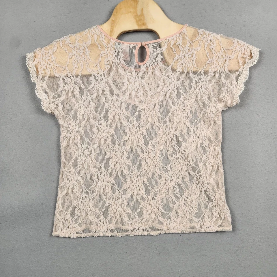 Camisa de encaje Downeast para mujer mediana marfil rosa transparente manga tapa ojo de cerradura blusa Foto 2 de 4