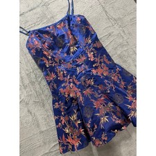 Lulus Blue Satin Floral Jacquard Mini Dress Asian Print Fit Flare M Dark Romanti