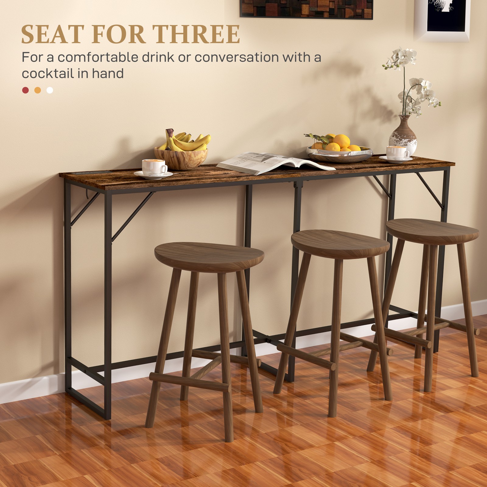 HOMCOM 70" Bar Table with Charging Station, Bar Height Pub Table, Brown