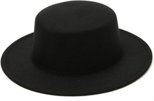 Black Fedora Flat Hat Classic Wide Brim Cap Panama Style Jazz Hat for Wedding Pa