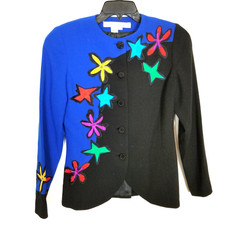 Anne Crimmins UMI Collections Artsy Wool Blazer Jacket Sz 6 Blue Black Button